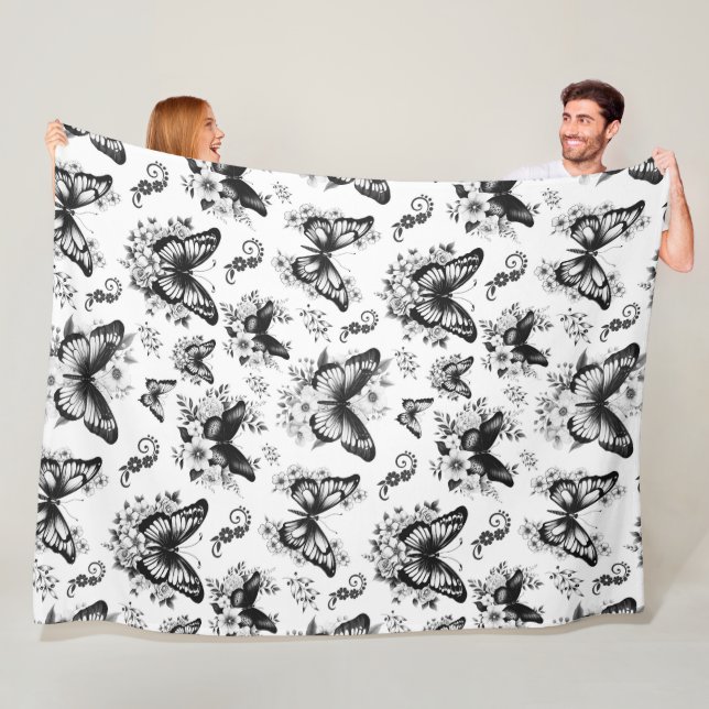 Black White Butterfly Mönster Fleece Blanket (På plats)