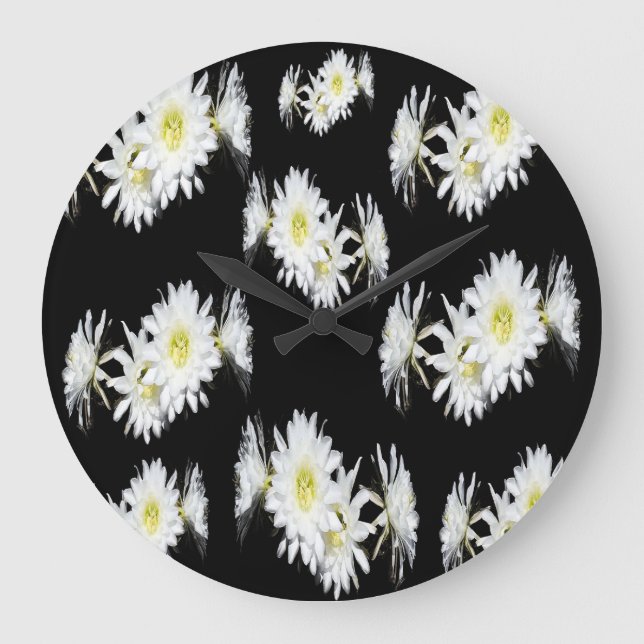Black White Cacti Flower Mönster, Stor Wall Clock Klocka (Framsida)