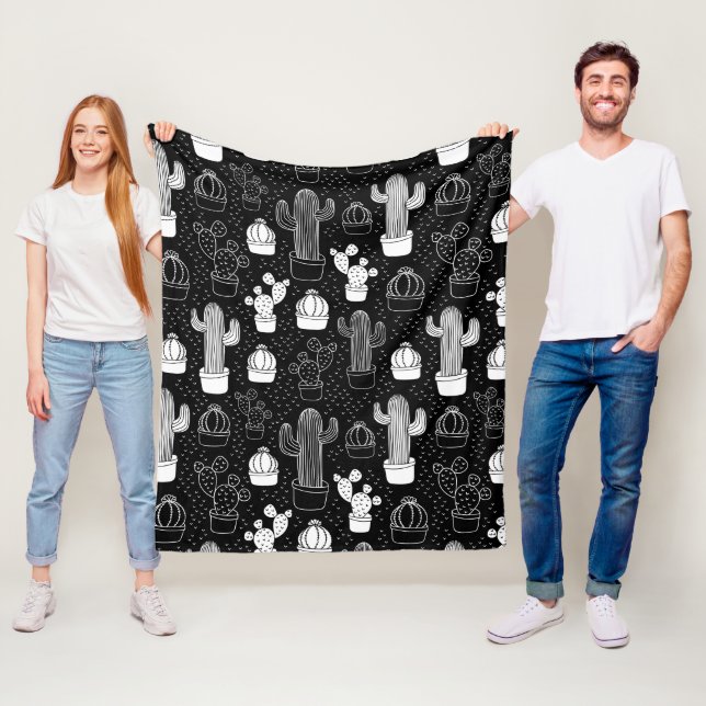 Black & White Cactus Doodle Mönster Fleecefilt (På plats)
