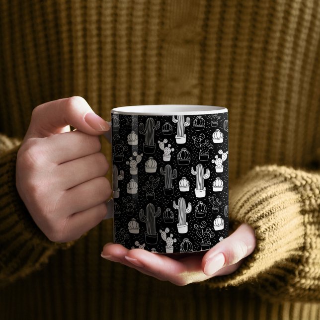 Black & White Cactus Doodle Mönster Kaffemugg (Black Cactus Doodles Patterned Mug)