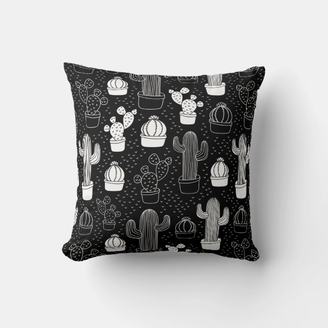 Black & White Cactus Doodle Mönster Kudde (Framsida)