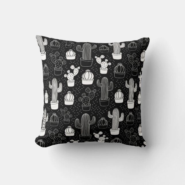 Black & White Cactus Doodle Mönster Kudde (Framsida)