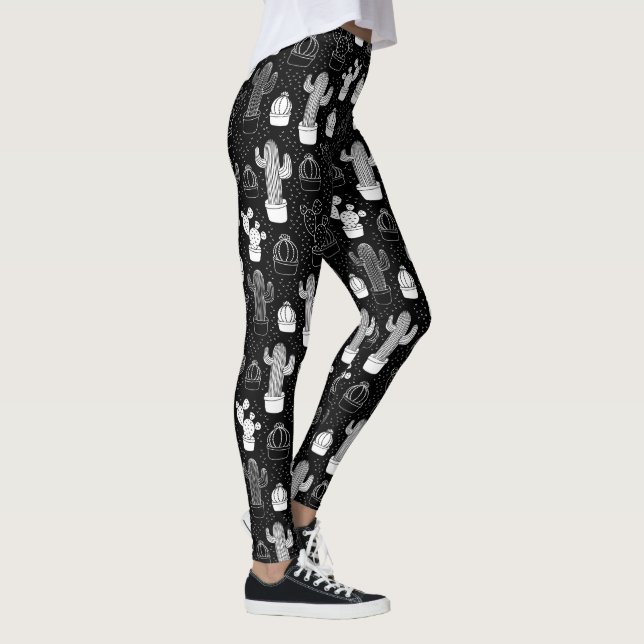 Black & White Cactus Doodle Mönster Leggings (Höger)