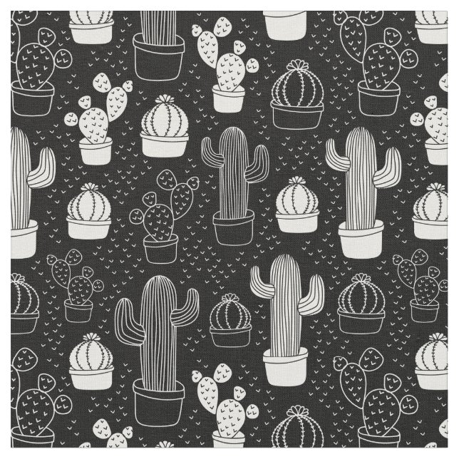 Black & White Cactus Doodle Mönster Tyg (Närbild)