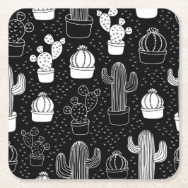 Black & White Cactus Doodle Mönster Underlägg Papper Kvadrat
