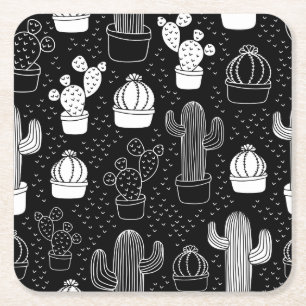 Black & White Cactus Doodle Mönster Underlägg Papper Kvadrat