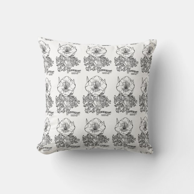 Black White California Flowers Mönster Pillow Kudde (Framsida)