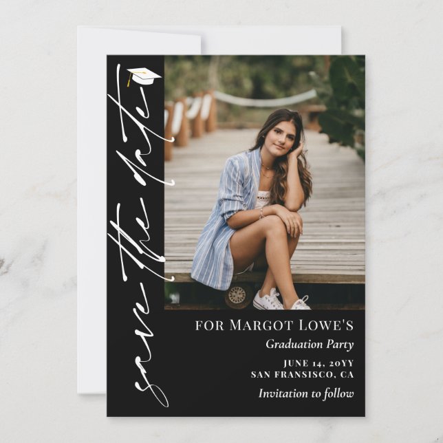 Black White Calligraphy Graduation Spara Datumet (Framsida)