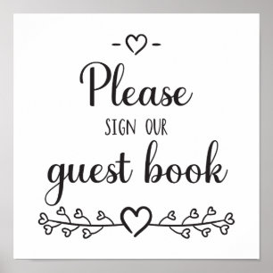 Black White Calligraphy Hearts Bröllop Guest Bok Poster