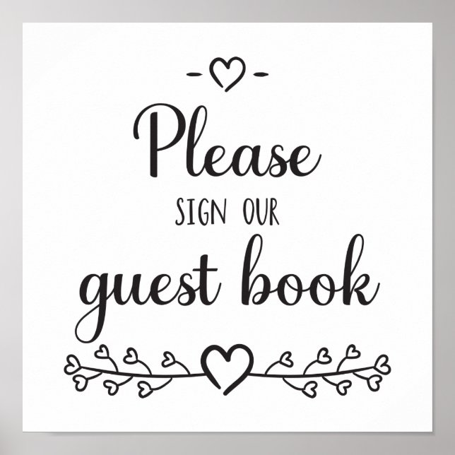 Black White Calligraphy Hearts Bröllop Guest Bok Poster (Framsidan)