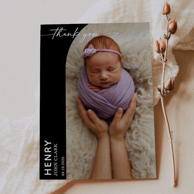 Black White Calligraphy Photo Baby Thank You Card Inbjudningar (Skapare uppladdad)