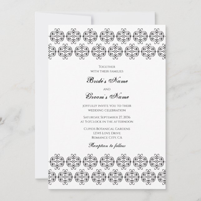 Black & White Calligraphy Vintage Damask Wedding Inbjudningar (Framsida)