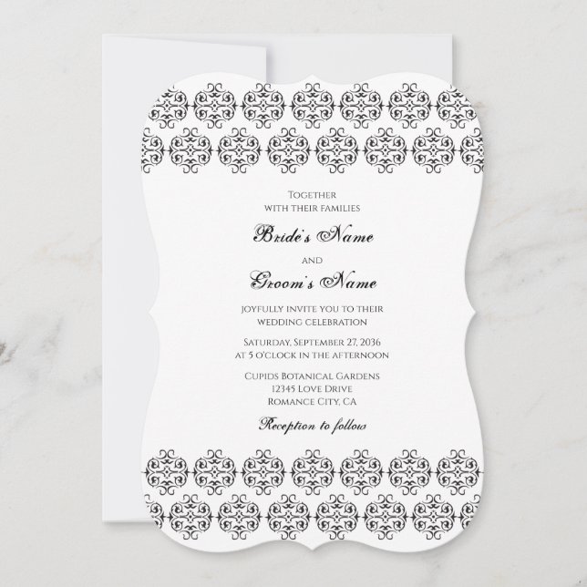 Black & White Calligraphy Vintage Damask Wedding Inbjudningar (Framsida)