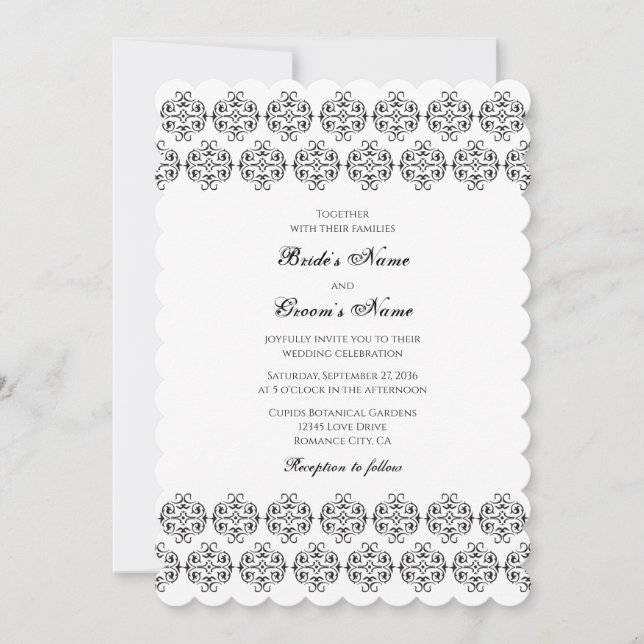 Black & White Calligraphy Vintage Damask Wedding Inbjudningar (Framsida)