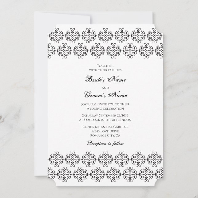 Black & White Calligraphy Vintage Damask Wedding Inbjudningar (Framsida)