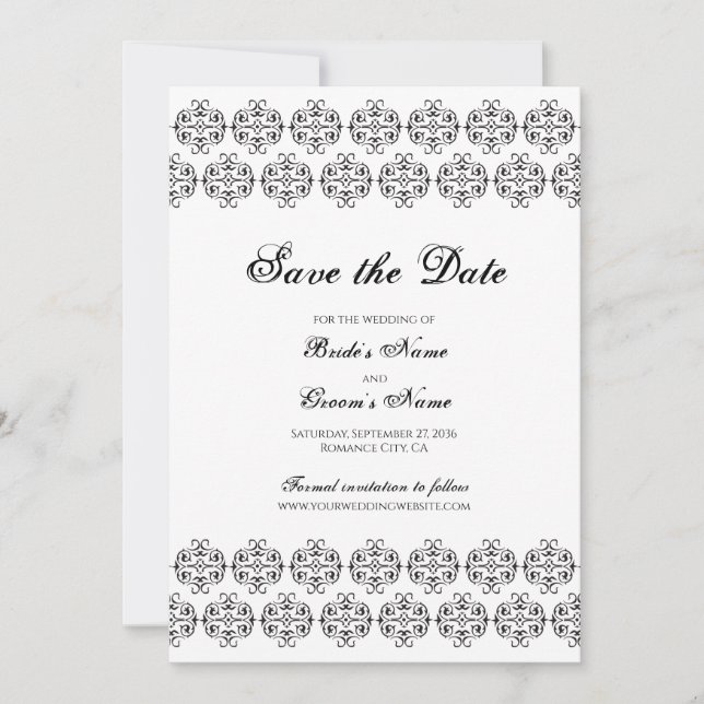 Black & White Calligraphy Vintage Damask Wedding Spara Datumet (Framsida)