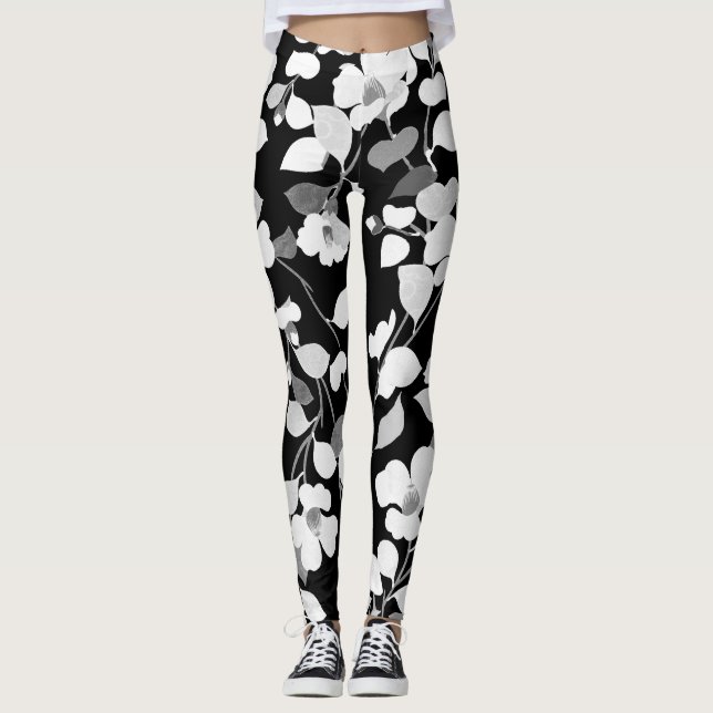 BLACK WHITE CAMELLIAS AND LÖV Japansk Blommigt Leggings (Framsida)