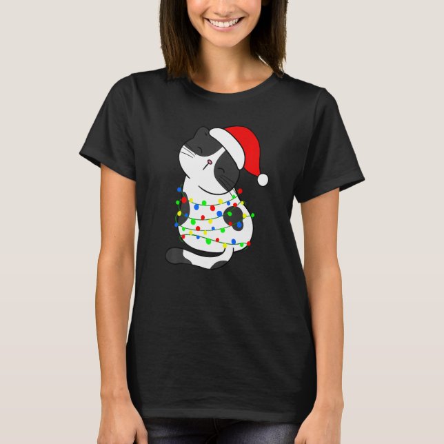 Black White Cat Christmas Tree Lights Santa Hat Ca T Shirt (Framsida)