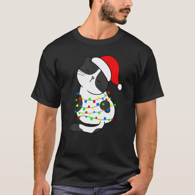 Black White Cat Christmas Tree Lights Santa Hat Ca T Shirt (Framsida)