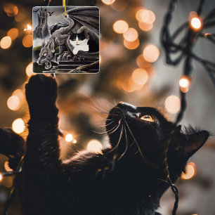 Black White Cat Gargoyle Julgransprydnad Keramik