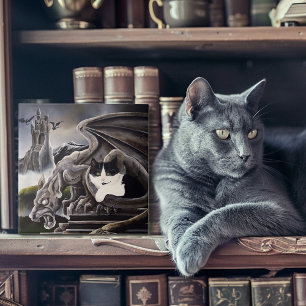 Black White Cat Gargoyle Kakelplatta