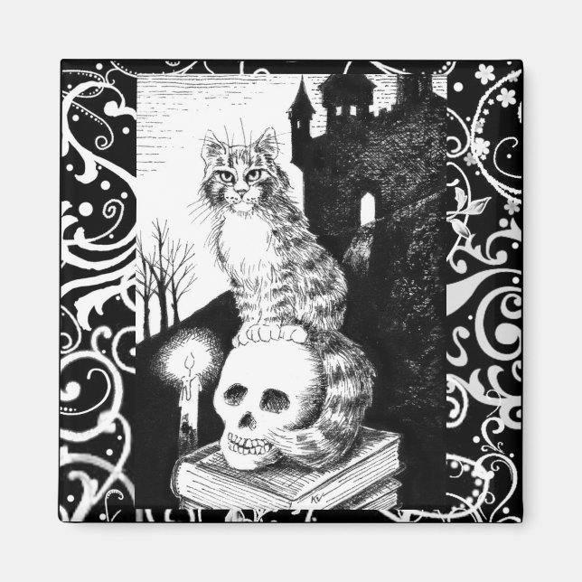 Black & White Cat Halloween-kattskalle Magnet (Framsidan)