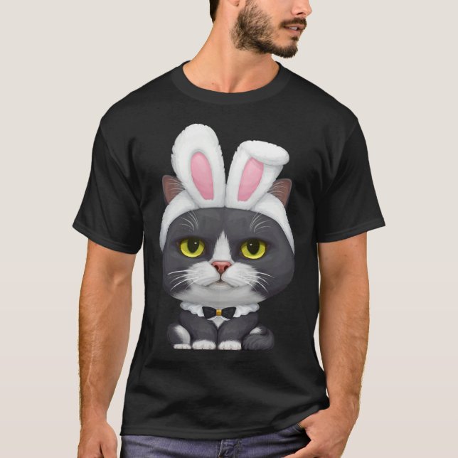 Black & White Cat in the Easter Bunny Costume T Shirt (Framsida)
