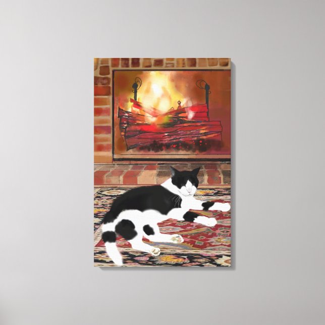 Black White Cat Lying front of Fireplace  Canvastryck (Framsida)