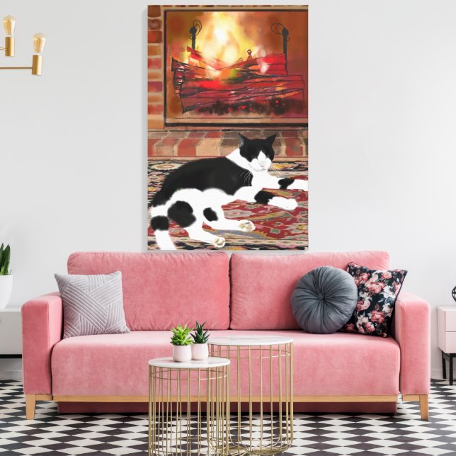 Black White Cat Lying front of Fireplace  Canvastryck (Insitu (Vardagsrum))