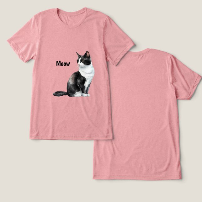 Black White Cat Meow T Shirt (Design fram och bak)