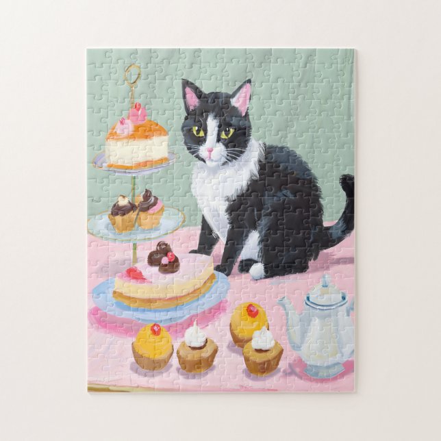 Black & White Cat, Tea and Pastries Jigsaw Puzzle Pussel (Vertikal)