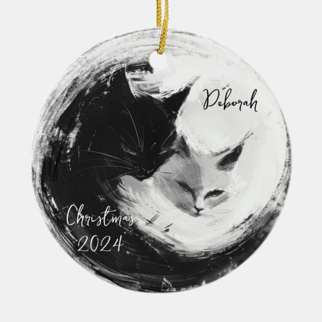 Black White Cats Ying Yang Personlig Ornament (Framsidan)