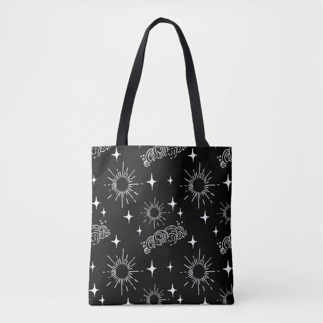 Black & White Celestial Sunburst Tote Bag Tygkasse (Framsida)