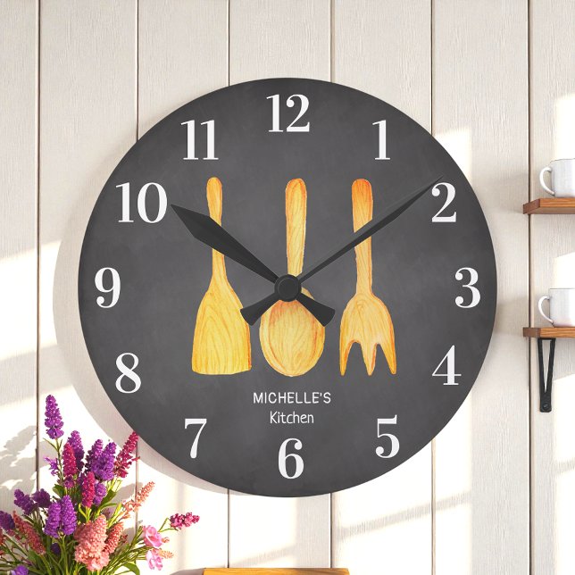 Black White Chalkboard Gult Utensils Kitchen Rund Klocka (Skapare uppladdad)