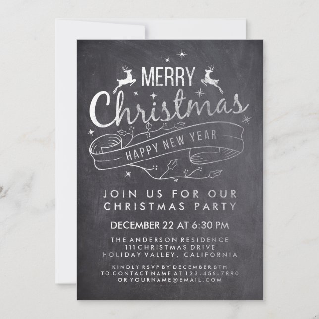 Black White Chalkboard Holly God jul Party Inbjudningar (Framsida)