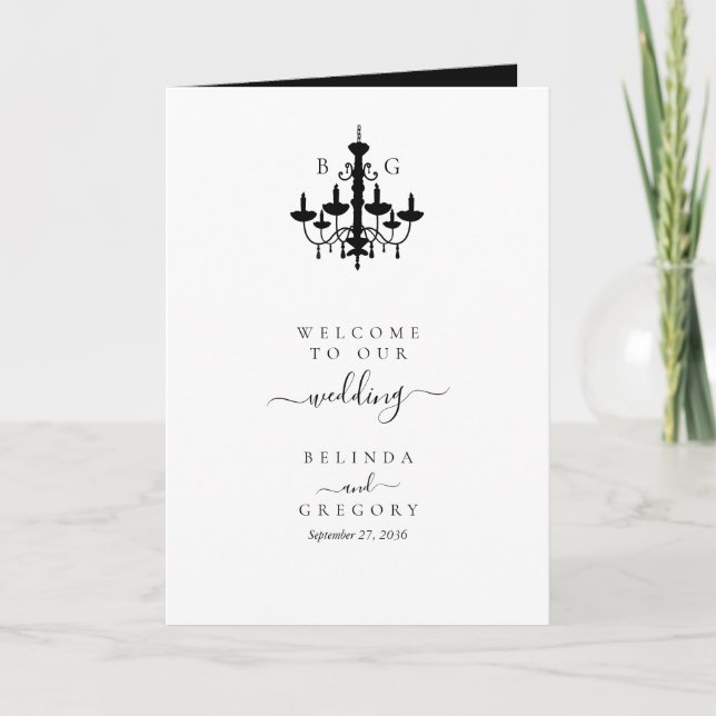 Black White Chandelier Bröllop serviceorder Program (Framsida)