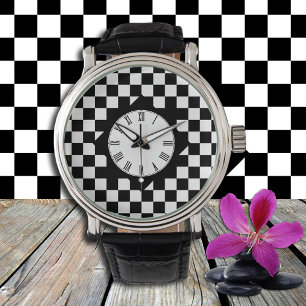 Black & White Checkat mönster/Retro Watch Armbandsur
