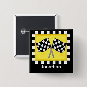 Black White Checkated Flagga Gult Namn Badge Knapp