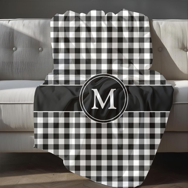 Black White Checked Buffalo Play Mönster Monogram Fleecefilt (Black White Checked Buffalo Plaid Pattern Monogram Fleece Blanket)
