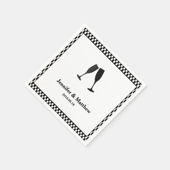 Black & White Checker Champagne Glass Party Napkin Pappersservett (Hörn)