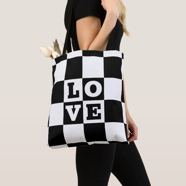 Black White Checker KÄRLEK Tygkasse (Närbild)