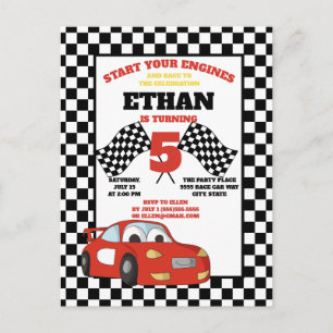 Black White Checkered Red Racecar Child's Birthday Vykort