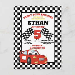 Black White Checkered Red Racecar Child's Birthday Vykort