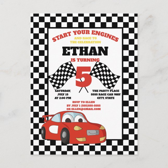 Black White Checkered Red Racecar Child's Birthday Vykort (Framsida)