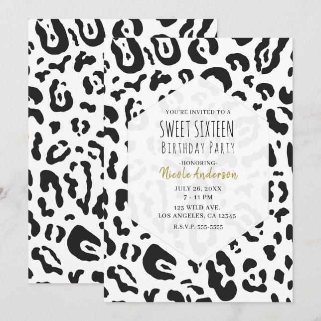 Black & White Cheetah Leopard Sweet 16 Party Inbjudningar (Fram/baksida)