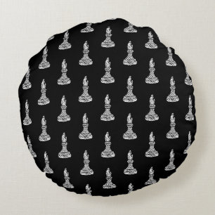 Black & White Chess Figurer Linocut Bishop Rund Kudde