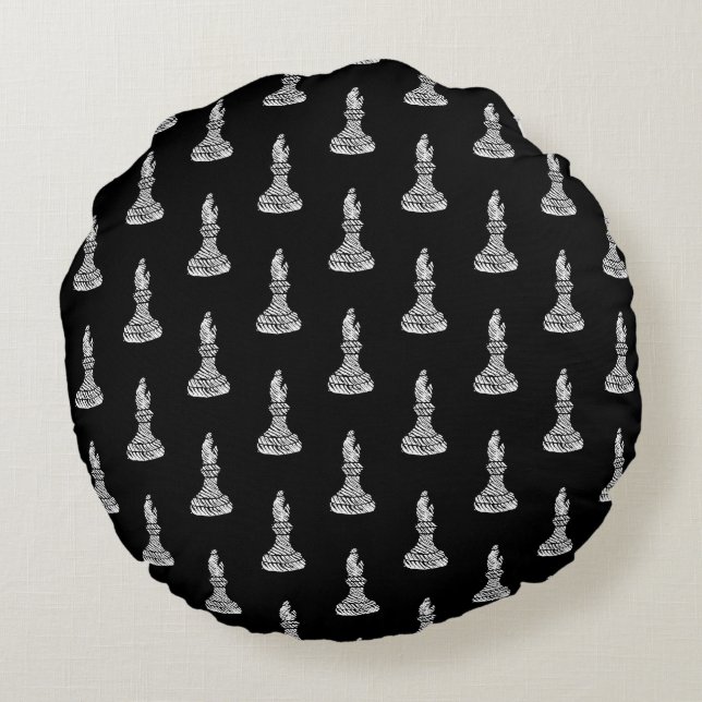 Black & White Chess Figurer Linocut Bishop Rund Kudde (Baksidan)