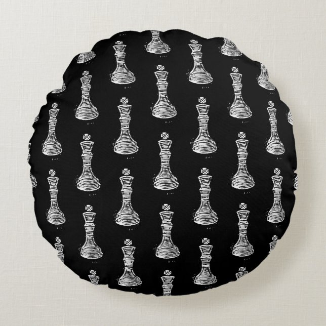 Black & White Chess Figurer Linocut Kung Rund Kudde (Framsidan)