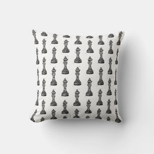 Black & White Chess Figurer Linocut Queen Kudde