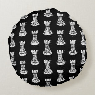 Black & White Chess Figurer Linocut Rook Rund Kudde